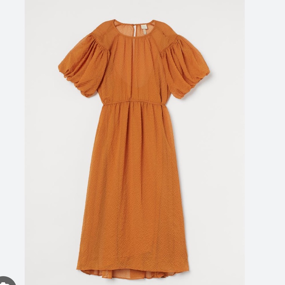 ORANGE H&M Wide-Cut Balloon Sleeve Dress with Tie and Slip